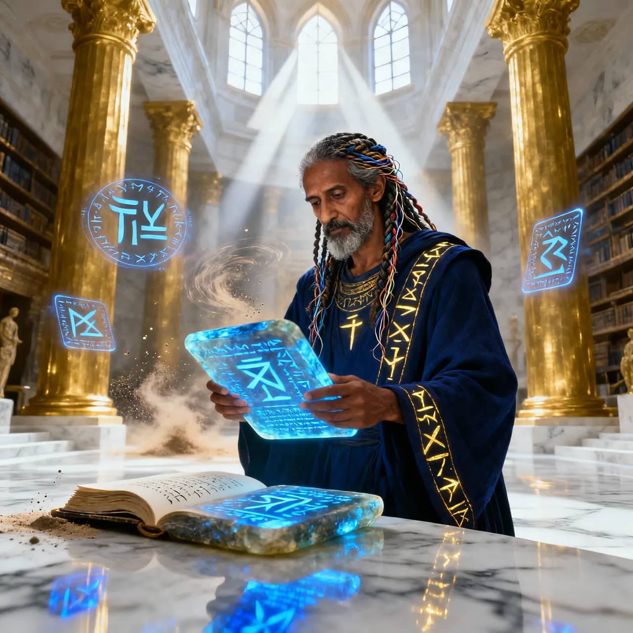 Un sage consulte des tablettes de glyphes lumineux dans la grande bibliothèque