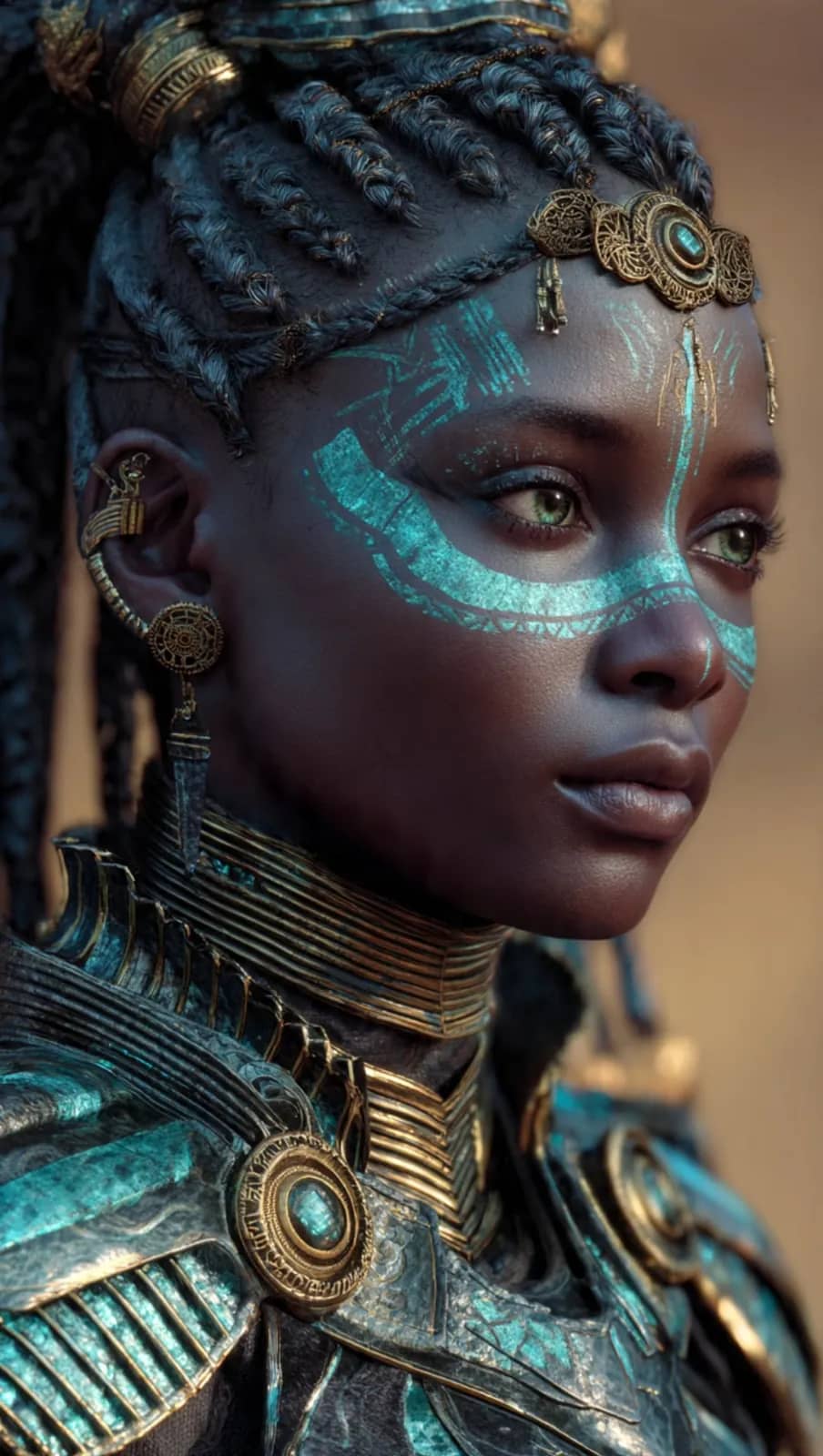 Portrait d’une guerrière de NIDALUM aux marques turquoise